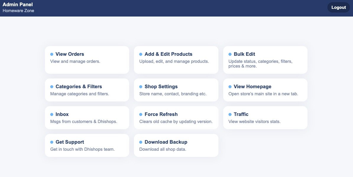 Dhishops admin dashboard and system upgrades
