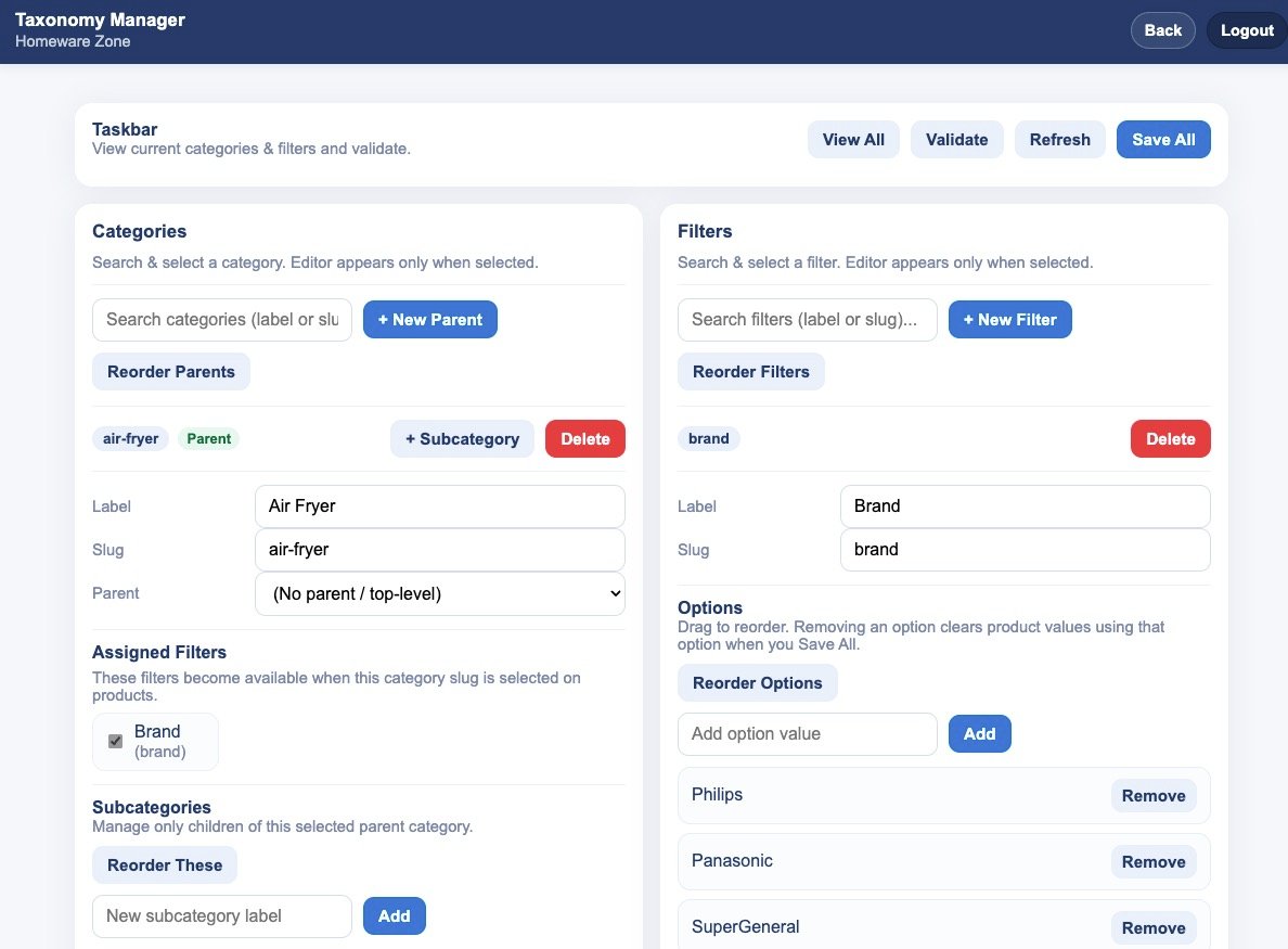 Categories & Filters Tab